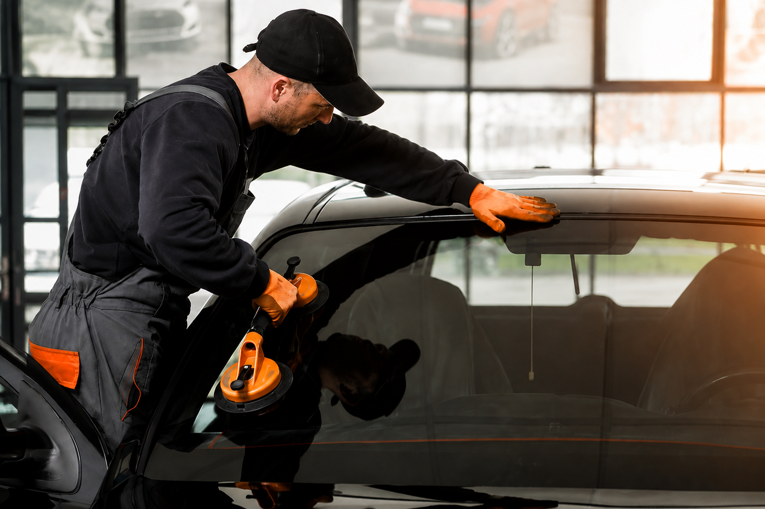 Pose d'un pare-brise par un technicien Clean Vente Automobile
